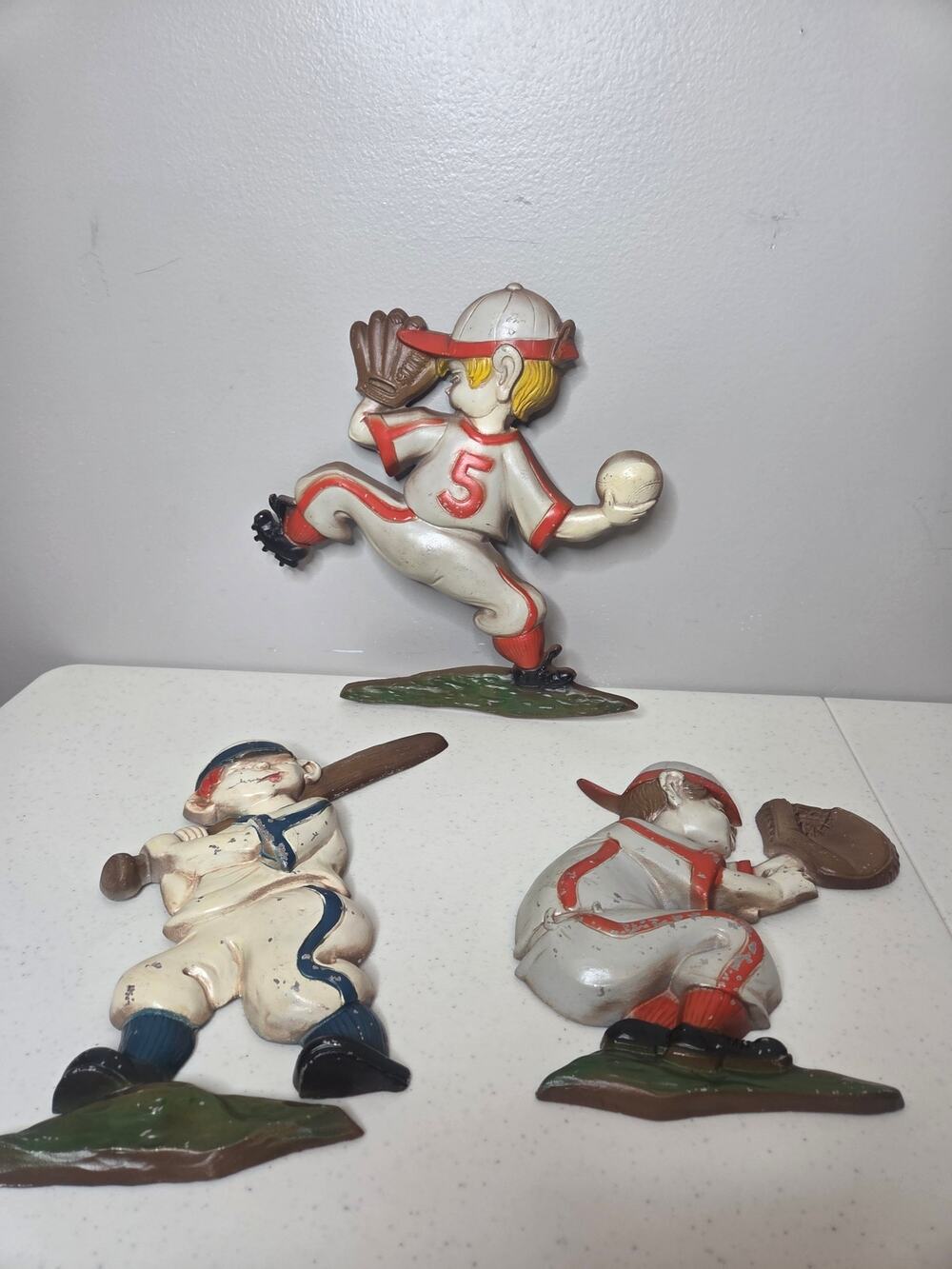 Vintage Sexton Metal Baseball Wall Art Boys Pitcher Catcher Batter 1970 Set of 3